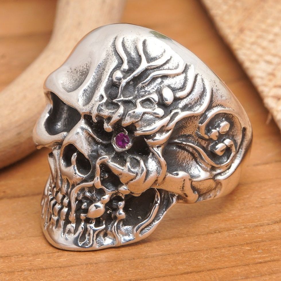 Skull-Themed Sterling Silver Cocktail Ring with a Purple Gem 'Underworld Eye'