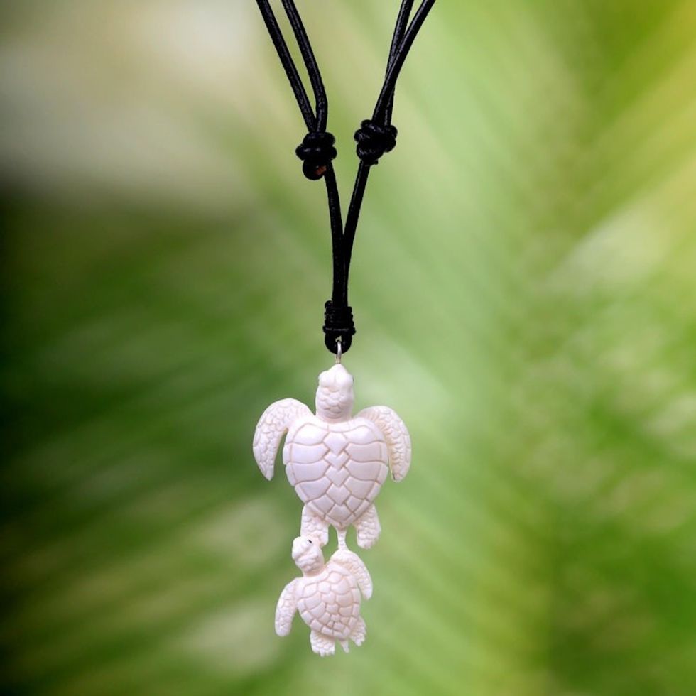 Handcrafted White Turtle Pendant and Leather Cord Necklace 'Swimming with Mother'