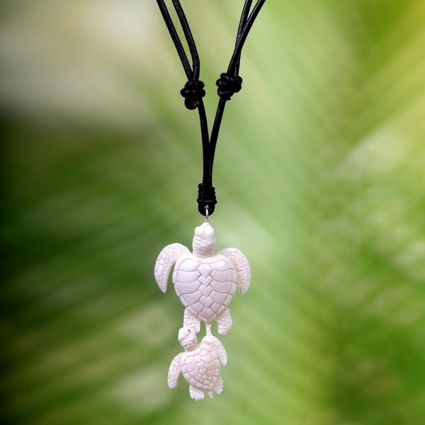 Alternate image for Handcrafted White Turtle Pendant and Leather Cord Necklace Swimming with Mother