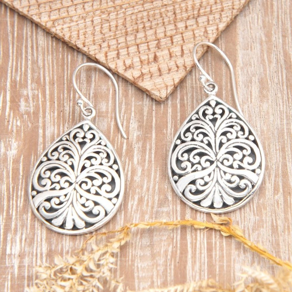 Sterling Silver Dangle Earrings with Swirl Motifs from Bali 'Forest Glam'