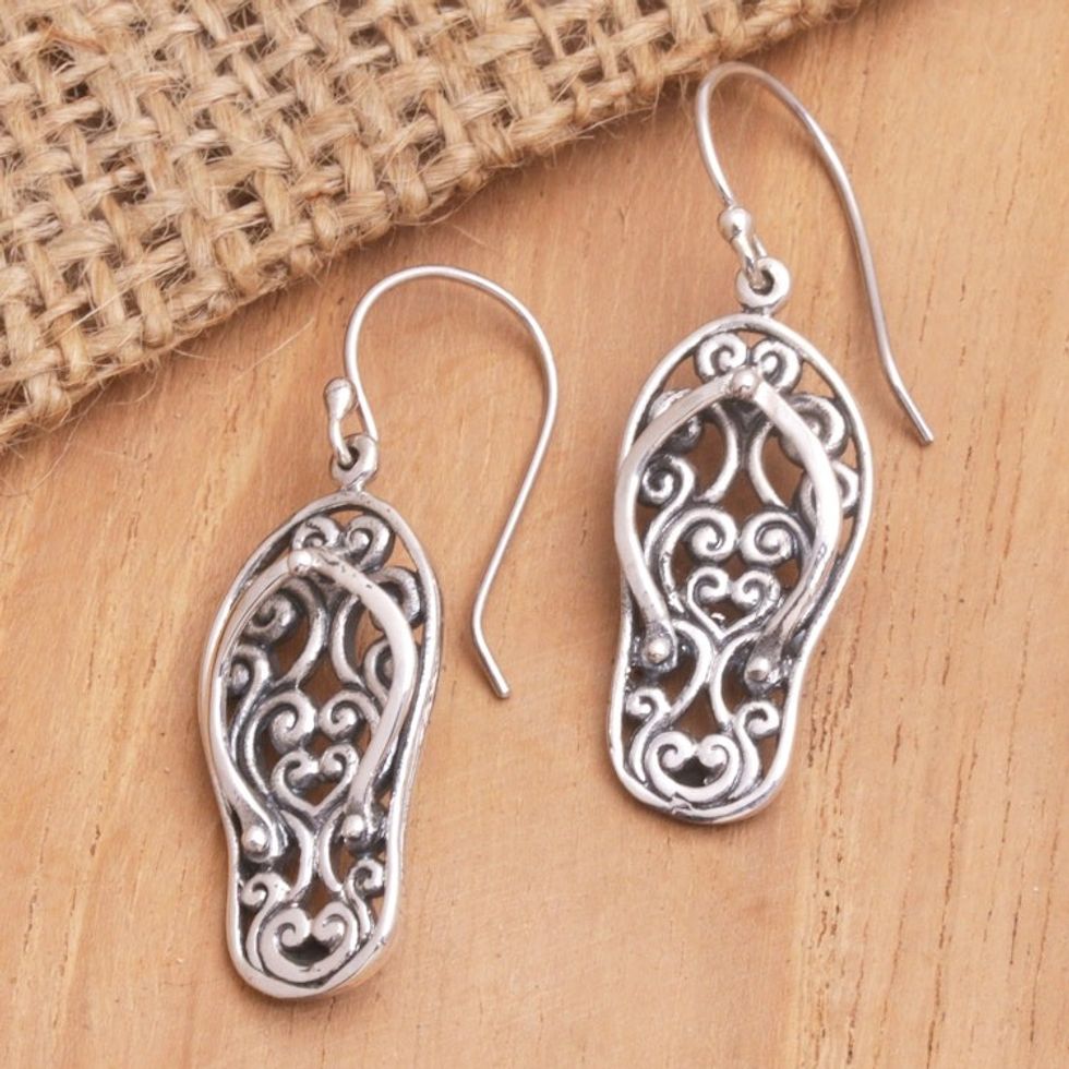 Sterling Silver Dangle Earrings with Balinese Sandals 'Balinese Beach'