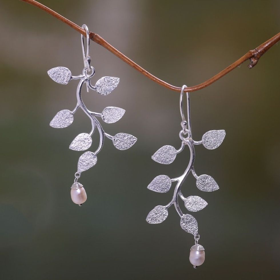 Indonesian Sterling Silver Cultured Pearl Dangle Earrings 'White Forest'