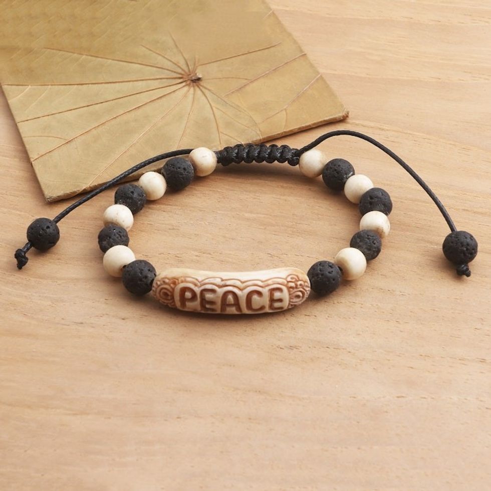 Hand Carved Lava Stone Beaded Peace Bracelet 'Suggestion of Peace'