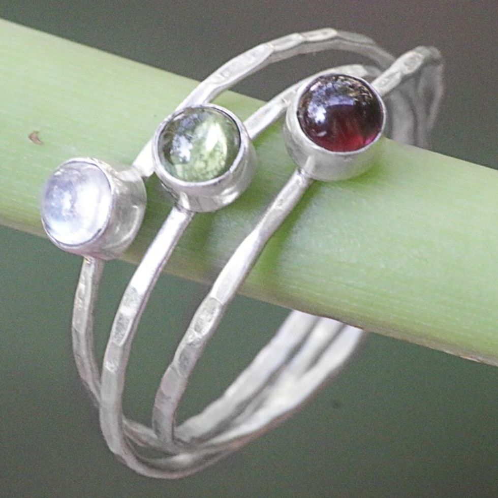 Balinese Garnet Peridot Rainbow Moonstone Multigem Ring 'Memorable Trio'