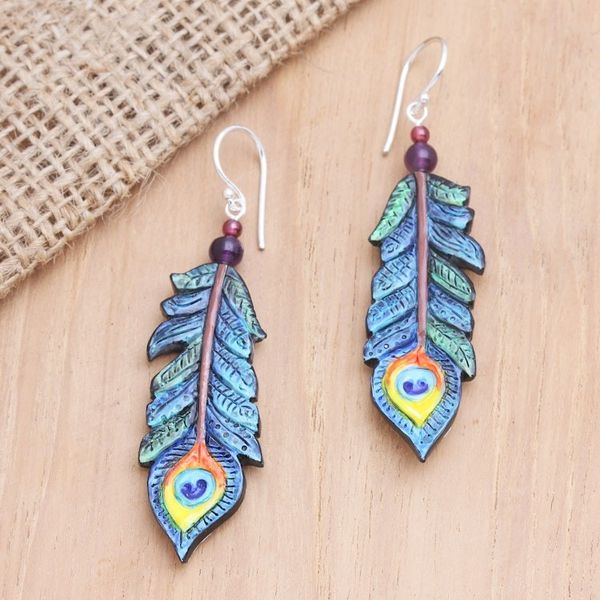 Alternate image for Hand-Painted Garnet and Amethyst Dangle Earrings Krishna Feathers