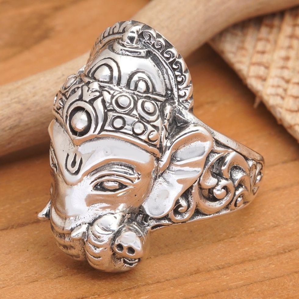 Men's Sterling Silver Ganesha Cocktail Ring from Bali 'Ganapati'