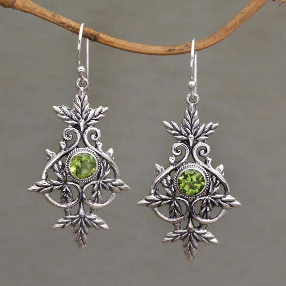 Sterling Silver and Peridot Leaf Dangle Earrings 'Marvelous Vintage'