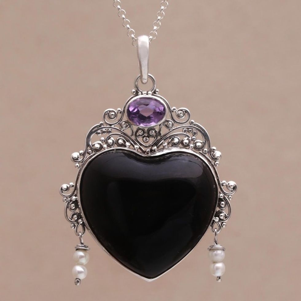 Amethyst Cultured Pearl Silver Black Bone Heart Necklace 'Love Like Midnight'