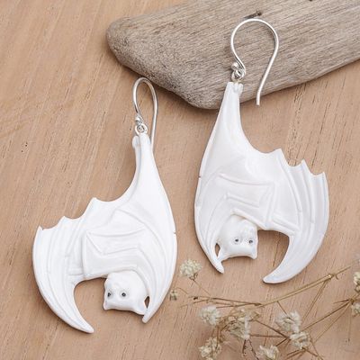 Alternate image for Bat Hand-Carved Bone Dangle Earrings with 925 Silver Hooks Bat Duo