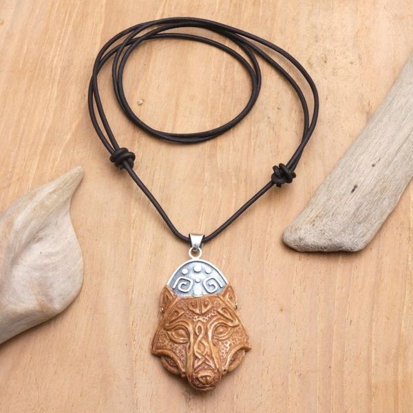 Alternate image for Mens Bone Leather Sterling Silver Wolf Pendant Necklace Night Wolf
