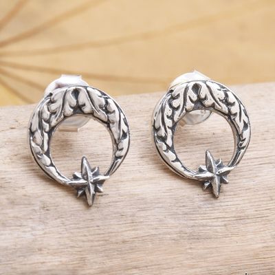 Alternate image for Sterling Silver Crescent Moon Button Earrings Balinese Star