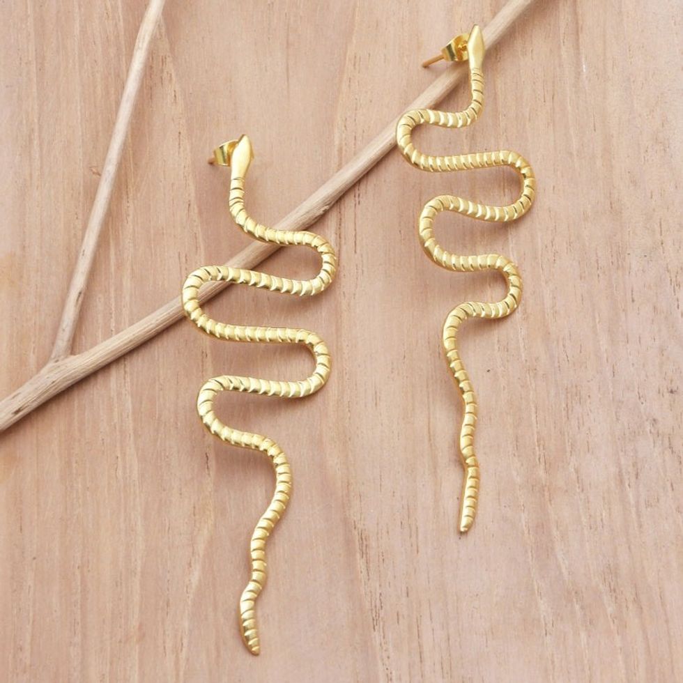 Handmade Gold-Plated Drop Earrings with Snake Motif 'Rattlesnake Rumble'