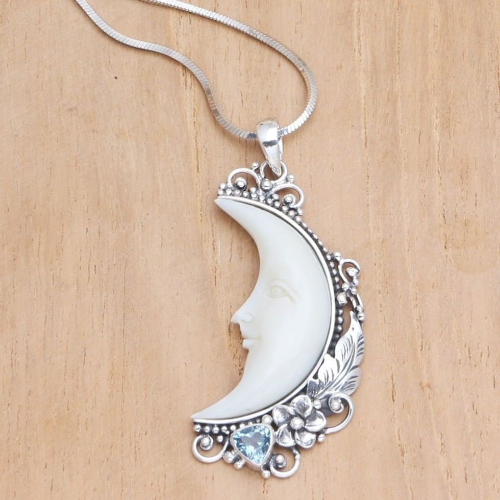 Blue Topaz Pendant Necklace with Crescent Moon Motif 'Flowering Moon'