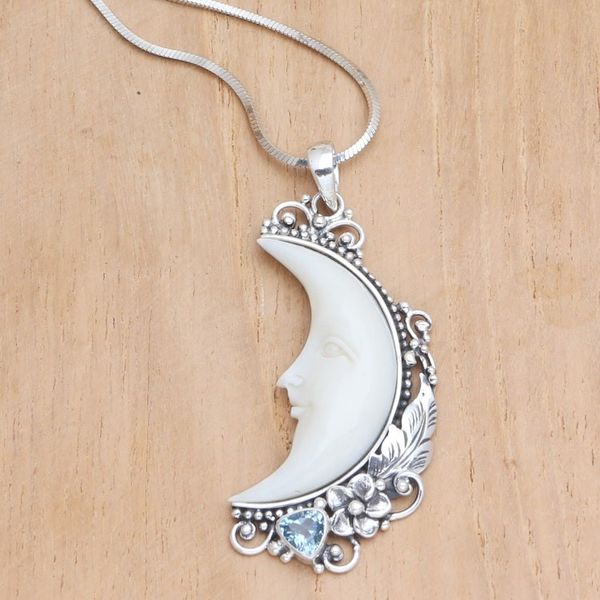 Alternate image for Blue Topaz Pendant Necklace with Crescent Moon Motif Flowering Moon