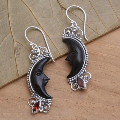 Alternate image for Silver and Garnet Moon Earrings with Water Buffalo Horn Dark Crescent Moon