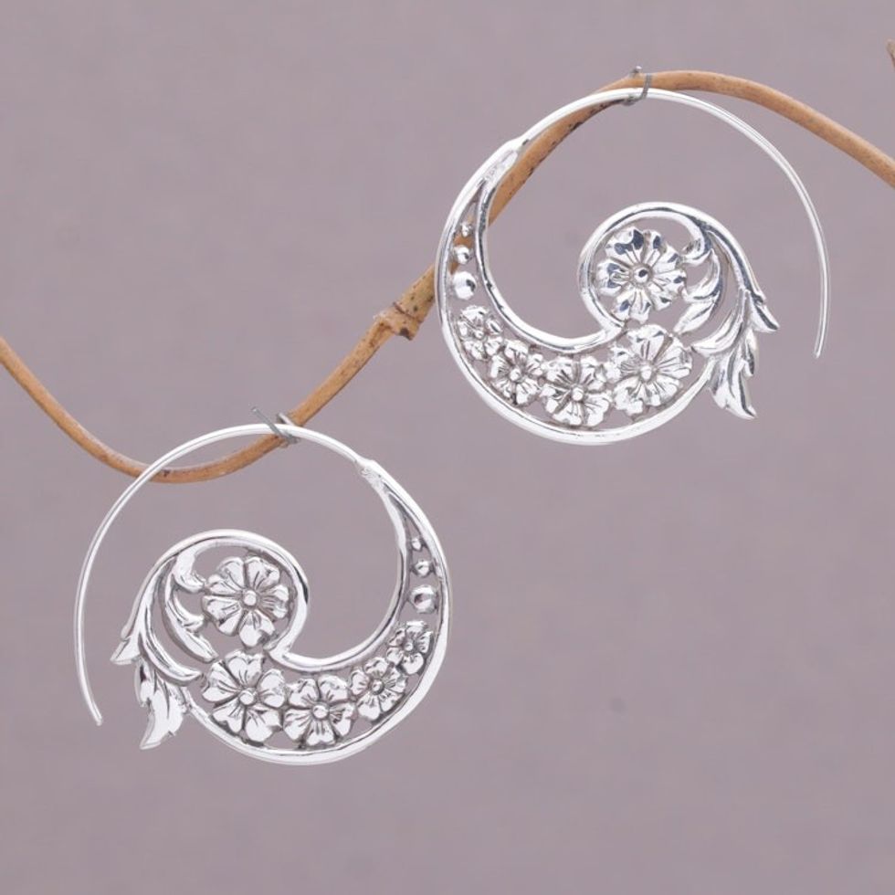 Handmade Sterling Silver Half Hoop Earrings from Indonesia 'Dazzling Flourish'