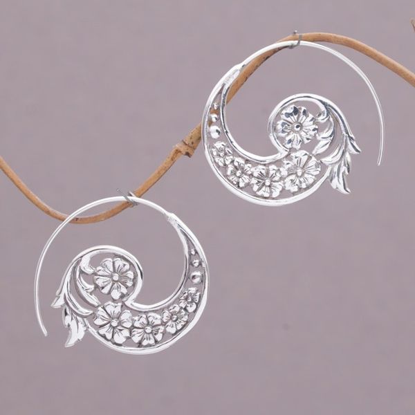 Alternate image for Handmade Sterling Silver Half Hoop Earrings from Indonesia Dazzling Flourish