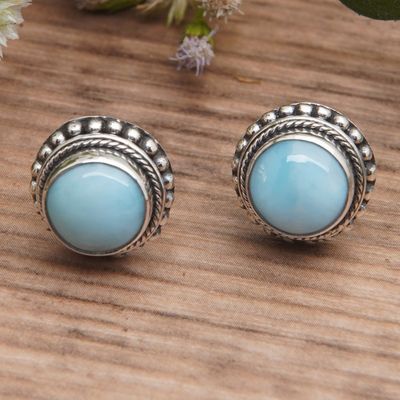 Alternate image for Polished Larimar Cabochon Button Earrings from Bali The Healing Sun