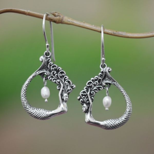 Alternate image for Cultured Pearl Mermaid Dangle Earrings Crafted in Bali Mermaid Pose