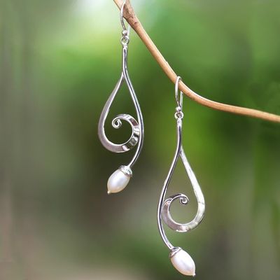 Alternate image for Sterling Silver and Cultured Pearl Dangle Earrings Wave Melody in White