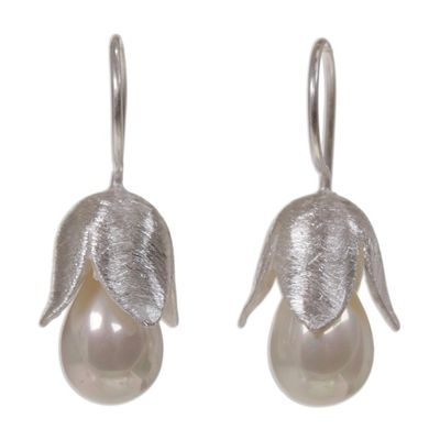 Alternate image for Floral Sterling Silver and Pearl Earrings Floral Bud