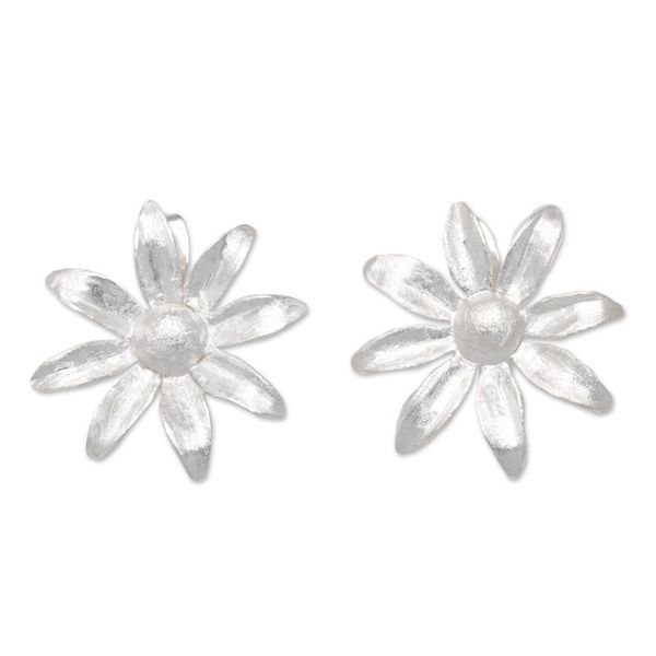 Alternate image for Sterling Silver Floral Drop Earrings with Brush-Satin Finish Snowflake Asters