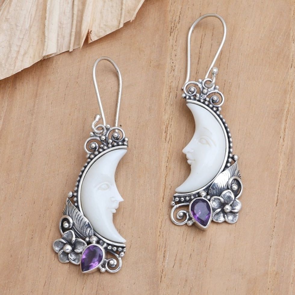 Amethyst Dangle Earrings with Crescent Moon Motif 'Dusky Dreams'