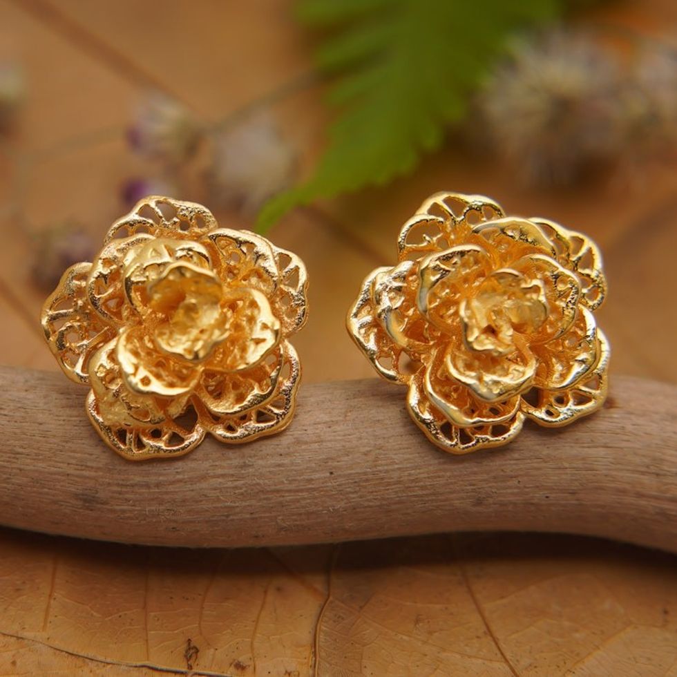 Polished Floral 18k Gold-Plated Button Earrings 'Summery Rose'