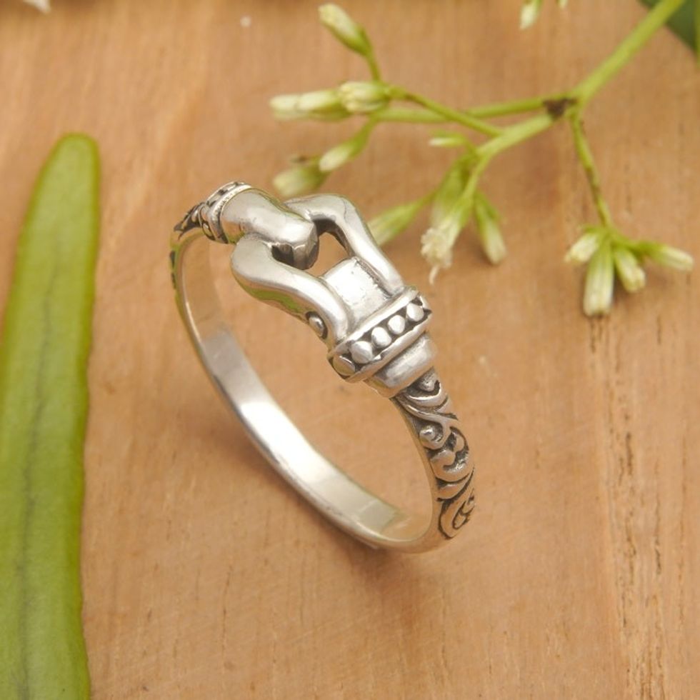 Buckle-Themed Sterling Silver Band Ring Made in Bali 'Linked Together'