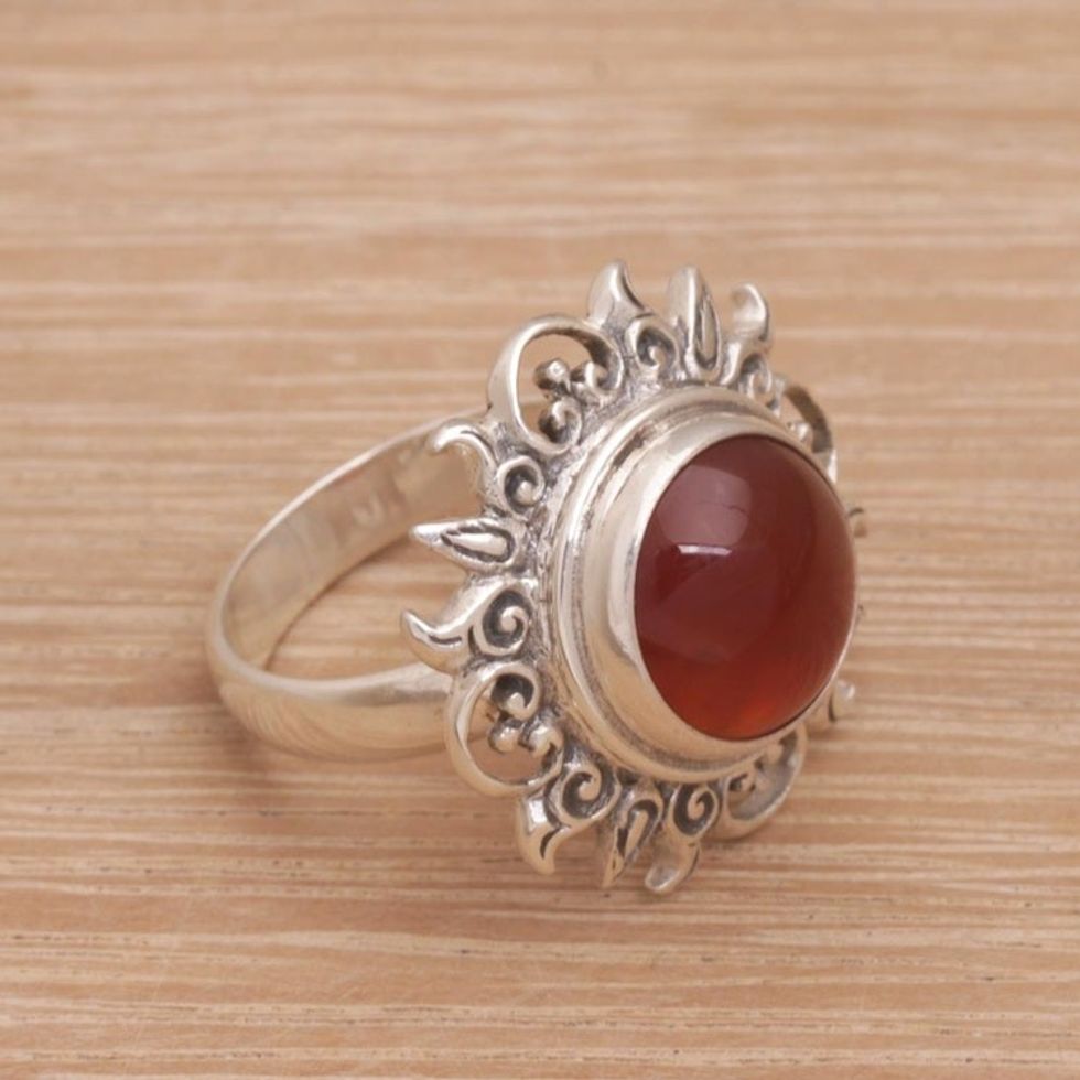 Sun Themed Carnelian and Sterling Silver Cocktail Ring 'Light Of The Universe'