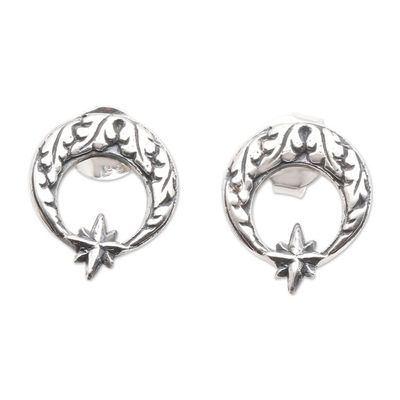 Alternate image for Sterling Silver Crescent Moon Button Earrings Balinese Star