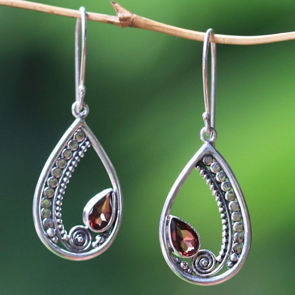 Sterling Silver Garnet Dangle Earrings from Indonesia 'Paisley Swirl'