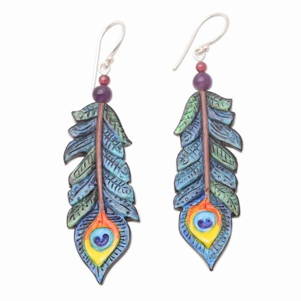 Alternate image for Hand-Painted Garnet and Amethyst Dangle Earrings Krishna Feathers