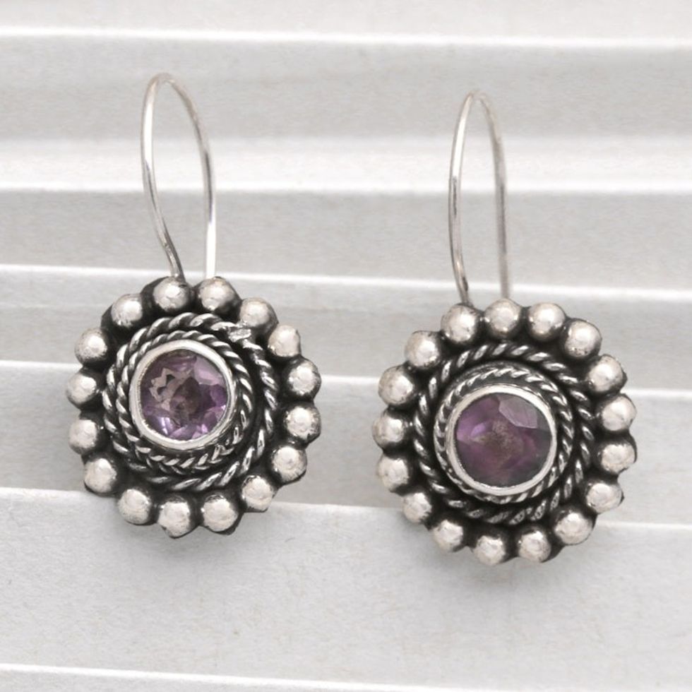 Sterling Silver Floral Drop Earrings with Amethyst Stone 'Enchanting Flower in Purple'