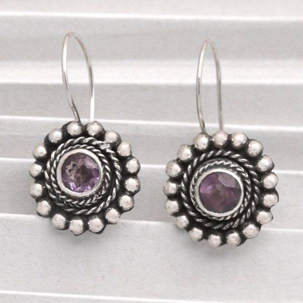 Alternate image for Sterling Silver Floral Drop Earrings with Amethyst Stone Enchanting Flower in Purple
