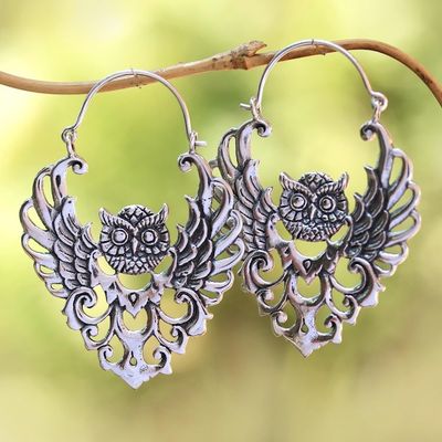 Alternate image for Sterling Silver Owl Hoop Earrings from Bali Owl Majesty