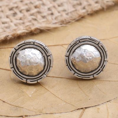 Alternate image for Hand Crafted Sterling Silver Button Earrings Shimmering Gong