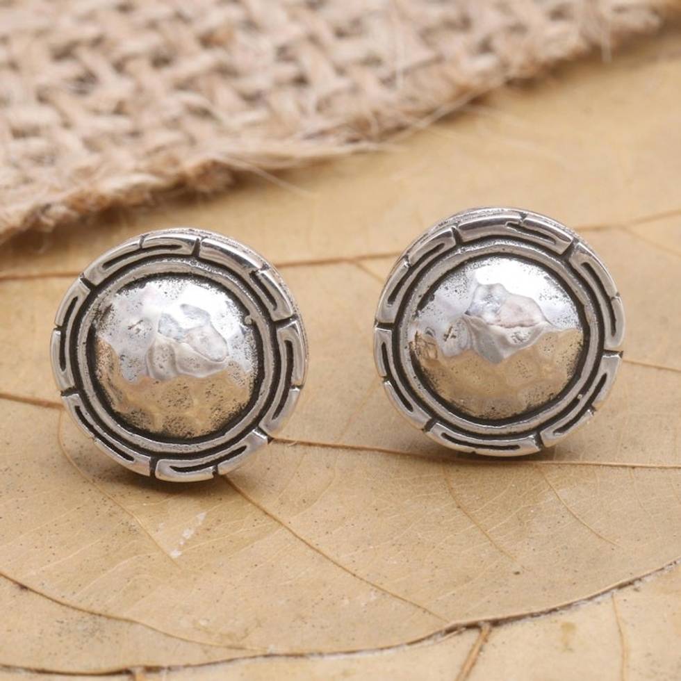 Hand Crafted Sterling Silver Button Earrings 'Shimmering Gong'
