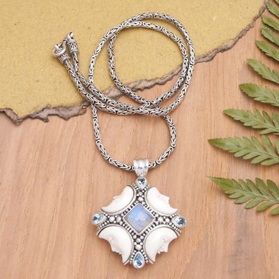 Alternate image for Moon Pendant Necklace with Blue Topaz and Rainbow Moonstone Gianyars Moon