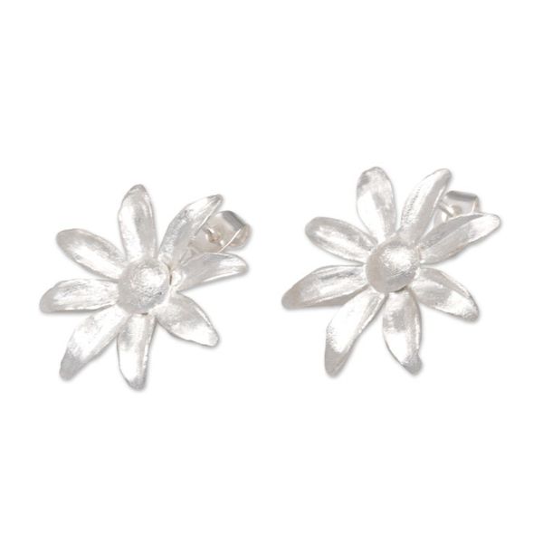 Alternate image for Sterling Silver Floral Drop Earrings with Brush-Satin Finish Snowflake Asters
