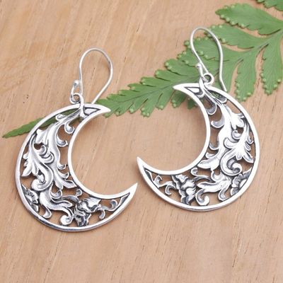 Alternate image for Sterling Silver Crescent Moon Dangle Earrings Made in Bali Carved Moon