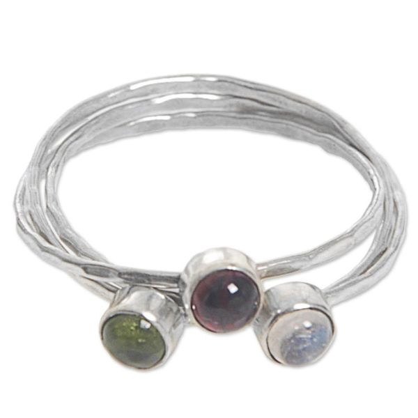 Alternate image for Balinese Garnet Peridot Rainbow Moonstone Multigem Ring Memorable Trio