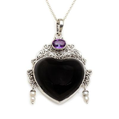Alternate image for Amethyst Cultured Pearl Silver Black Bone Heart Necklace Love Like Midnight
