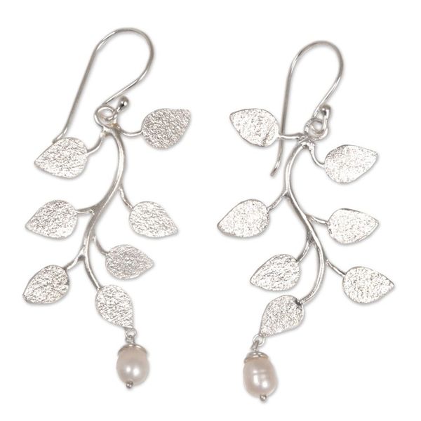Alternate image for Indonesian Sterling Silver Cultured Pearl Dangle Earrings White Forest