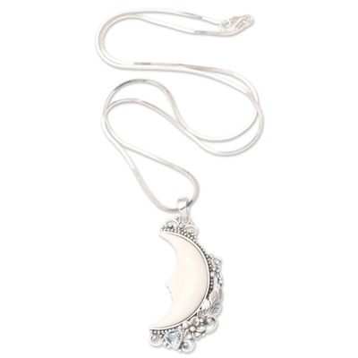 Alternate image for Blue Topaz Pendant Necklace with Crescent Moon Motif Flowering Moon
