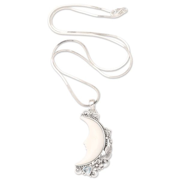 Alternate image for Blue Topaz Pendant Necklace with Crescent Moon Motif Flowering Moon