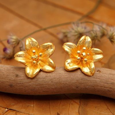 Alternate image for 18k Gold-Plated Floral Sterling Silver Button Earrings Summery Frangipani