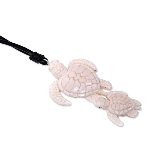 Alternate image for Handcrafted White Turtle Pendant and Leather Cord Necklace Swimming with Mother
