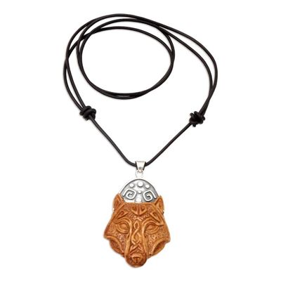 Alternate image for Mens Bone Leather  Sterling Silver Wolf Pendant Necklace Night Wolf