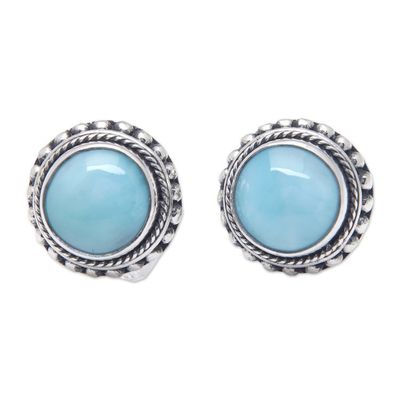Alternate image for Polished Larimar Cabochon Button Earrings from Bali The Healing Sun